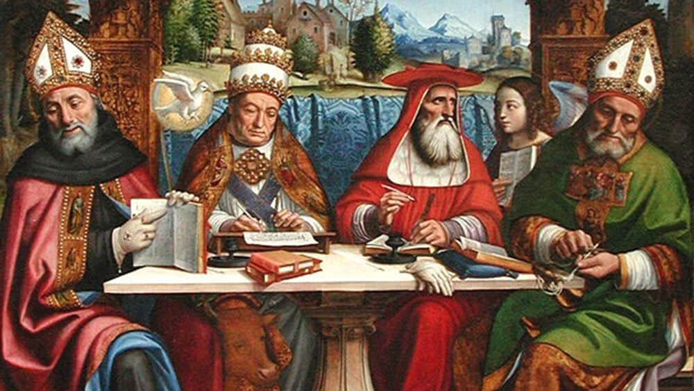 Die klassischen vier großen Kirchenlehrer des Abendlands. Von links nach rechts: der heilige Augustinus, Papst Gregor I., der heilige Hieronymus und der heilige Ambrosius mit ihren Attributen | Bild: Pier Francesco Sacchi, 1516 Louvre Museum [Public domain]